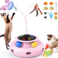 BreaDeep Cat Toys 3-in-1 Smart Interactive Electronic Kitten Toy, Fluttering Butterfly, Random Moving Ambush Feather, 2 Track Balls, Battery Powered, Indoor Exercise Cat Kicker,Pink